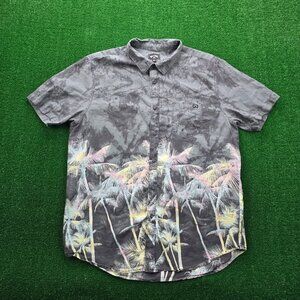 Billabong Shirt Mens XL Gray Button Up Short Sleeve Summer Tropical Palm Trees